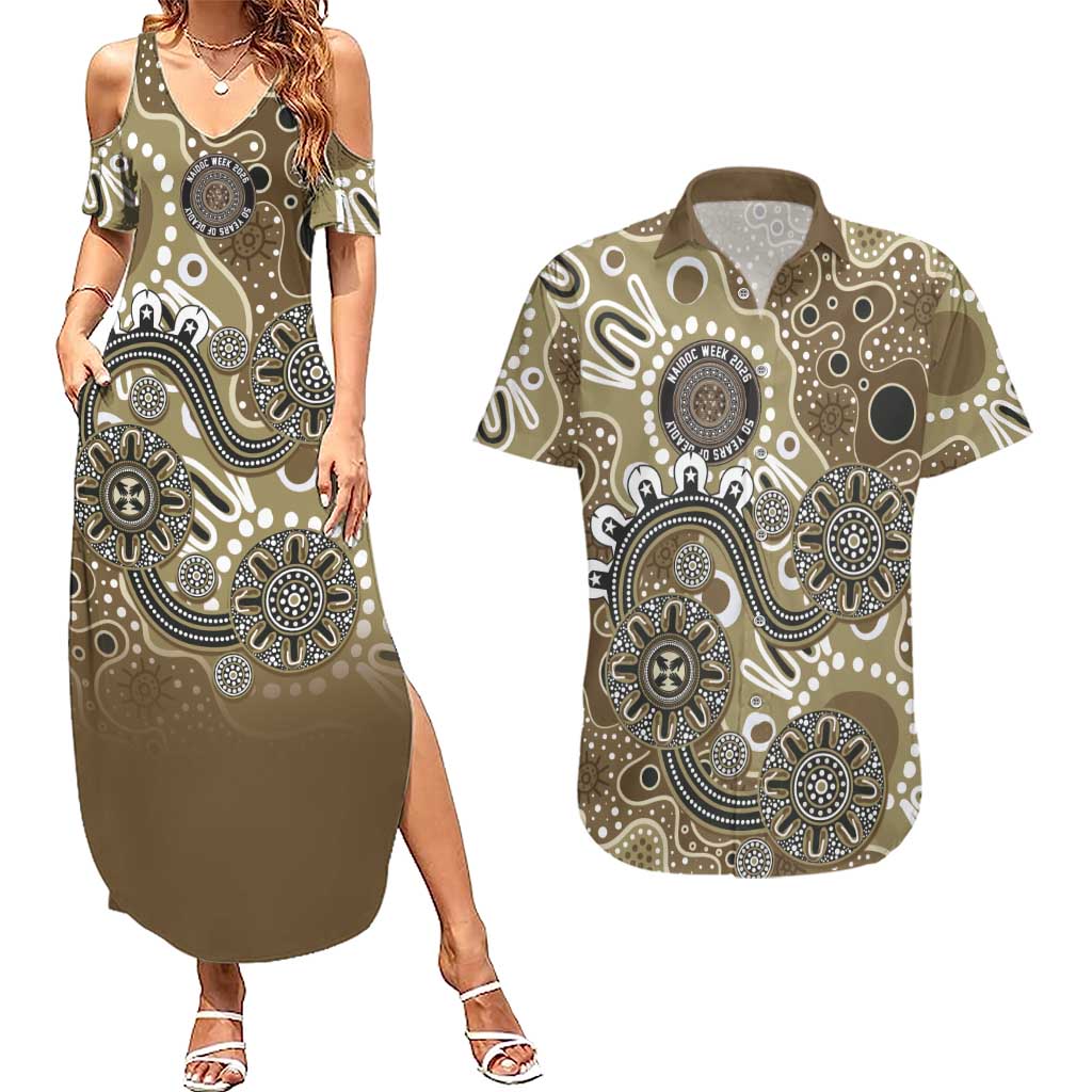 Personalised NAIDOC Week 50 Years Deadly Always Couples Matching Summer Maxi Dress and Hawaiian Shirt Brown Aboriginal Artwork Dot Painting