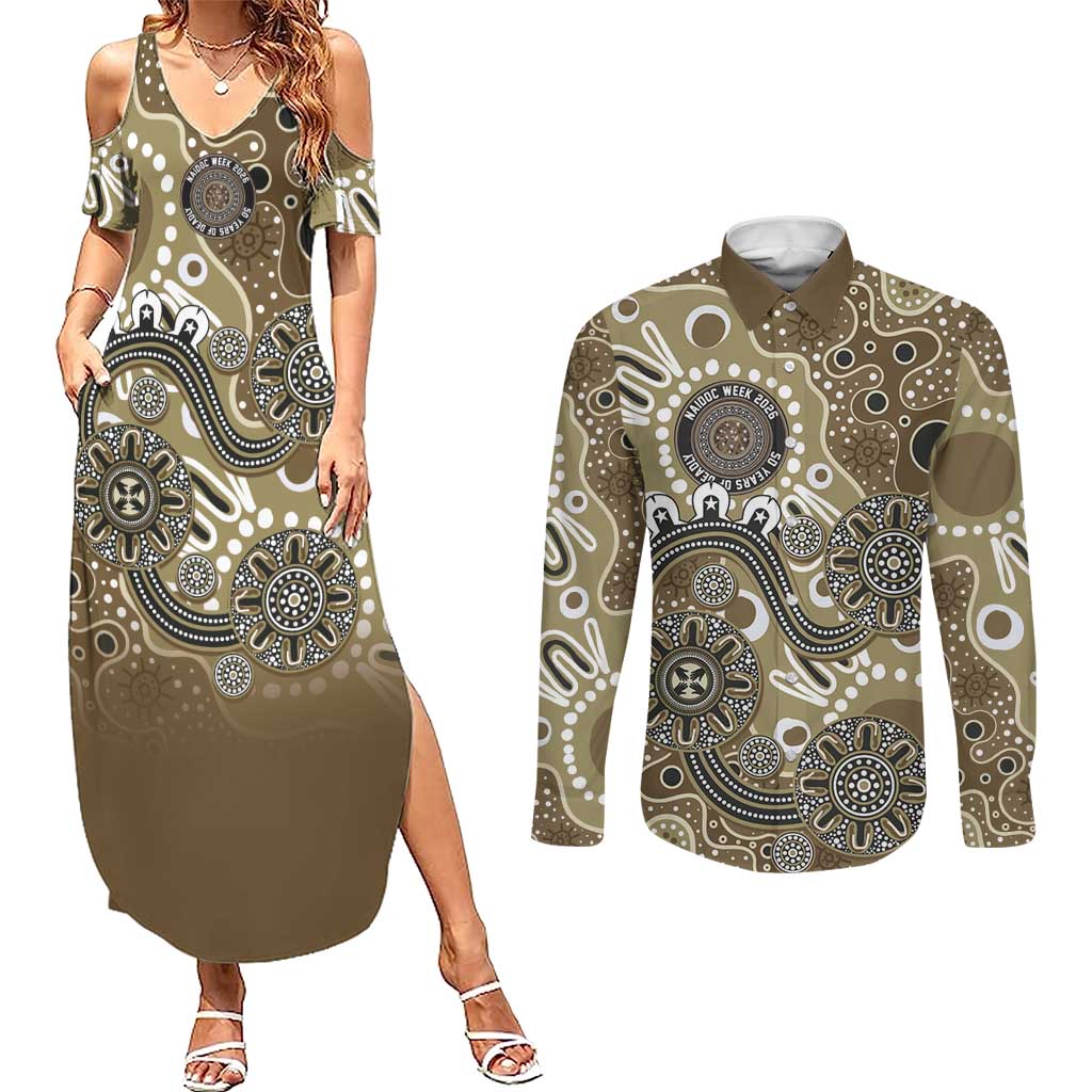 Personalised NAIDOC Week 50 Years Deadly Always Couples Matching Summer Maxi Dress and Long Sleeve Button Shirt Brown Aboriginal Artwork Dot Painting