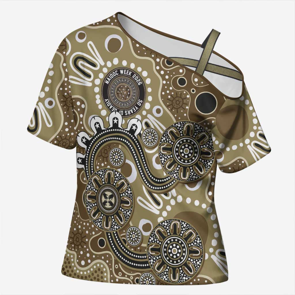 Personalised NAIDOC Week 50 Years Deadly Always Cross Shoulder Shirt Brown Aboriginal Artwork Dot Painting