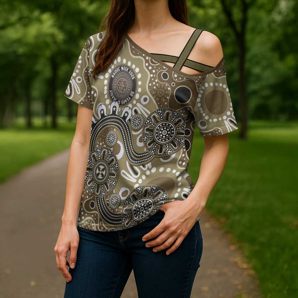 Personalised NAIDOC Week 50 Years Deadly Always Cross Shoulder Shirt Brown Aboriginal Artwork Dot Painting