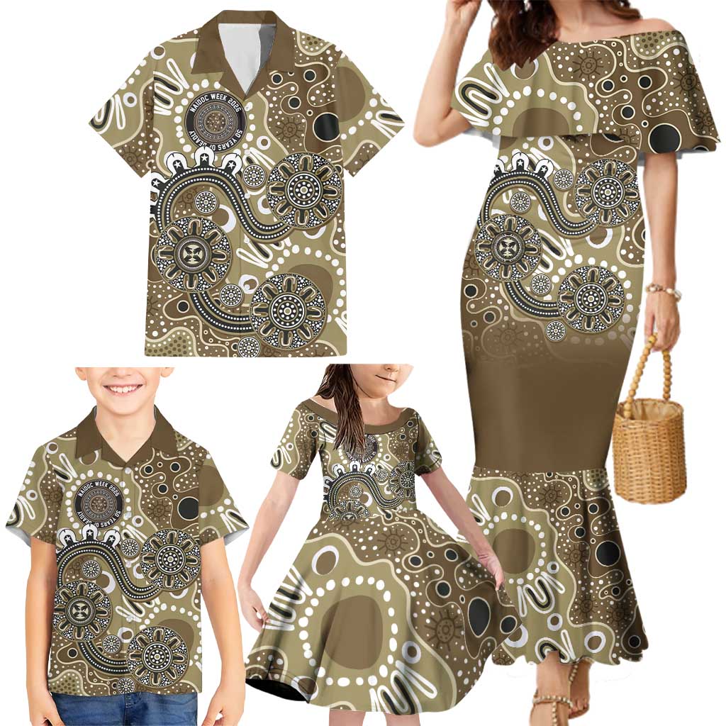 Personalised NAIDOC Week 50 Years Deadly Always Family Matching Mermaid Dress and Hawaiian Shirt Brown Aboriginal Artwork Dot Painting