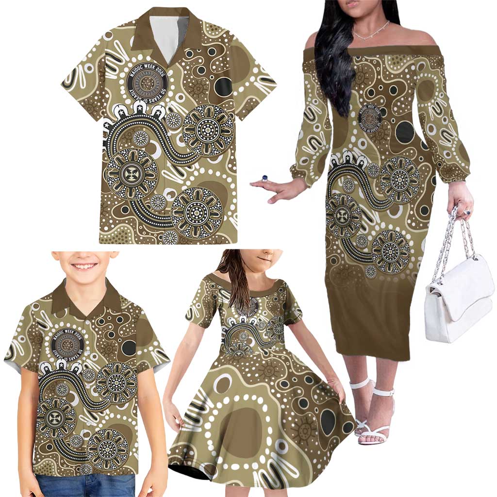 Personalised NAIDOC Week 50 Years Deadly Always Family Matching Off The Shoulder Long Sleeve Dress and Hawaiian Shirt Brown Aboriginal Artwork Dot Painting