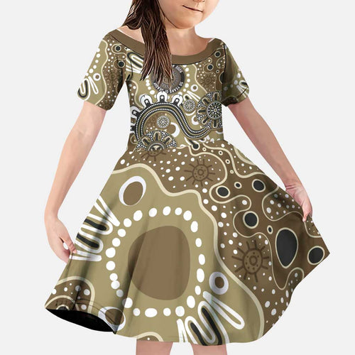 Personalised NAIDOC Week 50 Years Deadly Always Family Matching Off The Shoulder Long Sleeve Dress and Hawaiian Shirt Brown Aboriginal Artwork Dot Painting