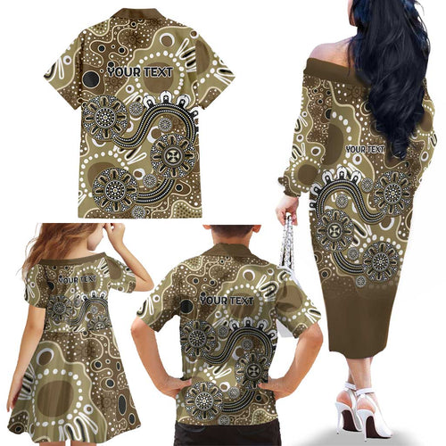 Personalised NAIDOC Week 50 Years Deadly Always Family Matching Off The Shoulder Long Sleeve Dress and Hawaiian Shirt Brown Aboriginal Artwork Dot Painting