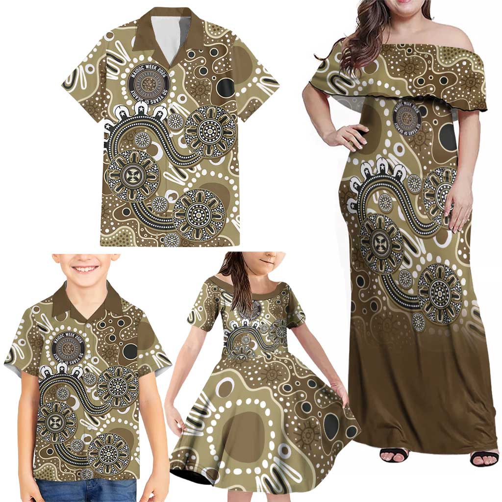 Personalised NAIDOC Week 50 Years Deadly Always Family Matching Off Shoulder Maxi Dress and Hawaiian Shirt Brown Aboriginal Artwork Dot Painting