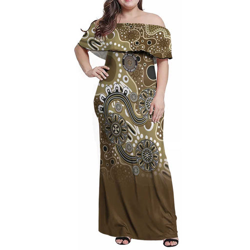 Personalised NAIDOC Week 50 Years Deadly Always Family Matching Off Shoulder Maxi Dress and Hawaiian Shirt Brown Aboriginal Artwork Dot Painting