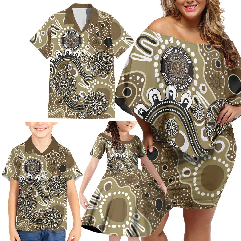 Personalised NAIDOC Week 50 Years Deadly Always Family Matching Off Shoulder Short Dress and Hawaiian Shirt Brown Aboriginal Artwork Dot Painting