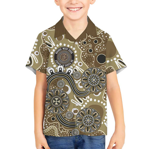 Personalised NAIDOC Week 50 Years Deadly Always Family Matching Off Shoulder Short Dress and Hawaiian Shirt Brown Aboriginal Artwork Dot Painting