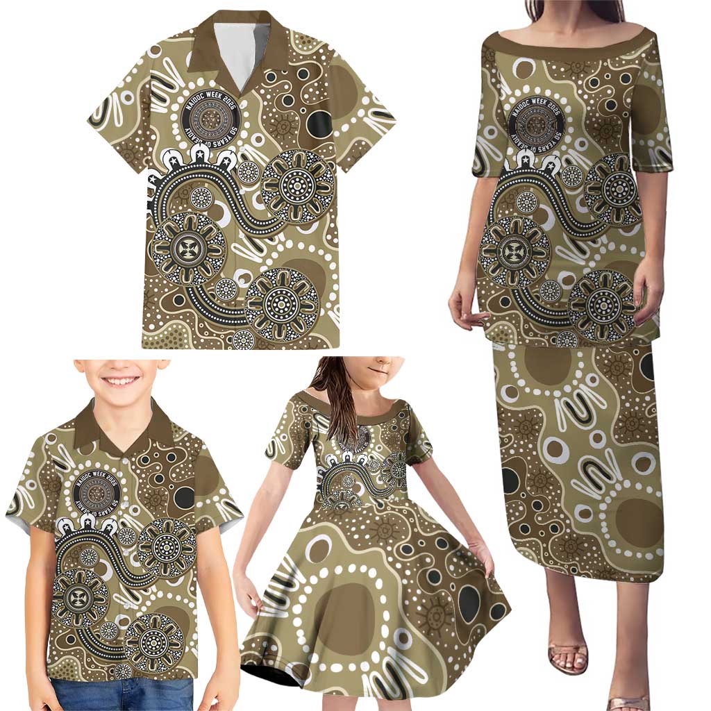 Personalised NAIDOC Week 50 Years Deadly Always Family Matching Puletasi and Hawaiian Shirt Brown Aboriginal Artwork Dot Painting