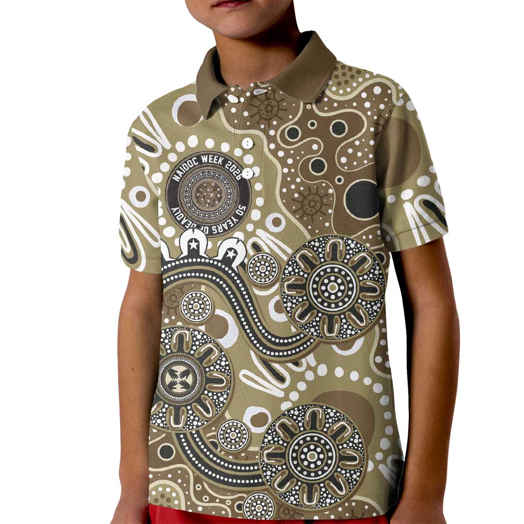 Personalised NAIDOC Week 50 Years Deadly Always Kid Polo Shirt Brown Aboriginal Artwork Dot Painting