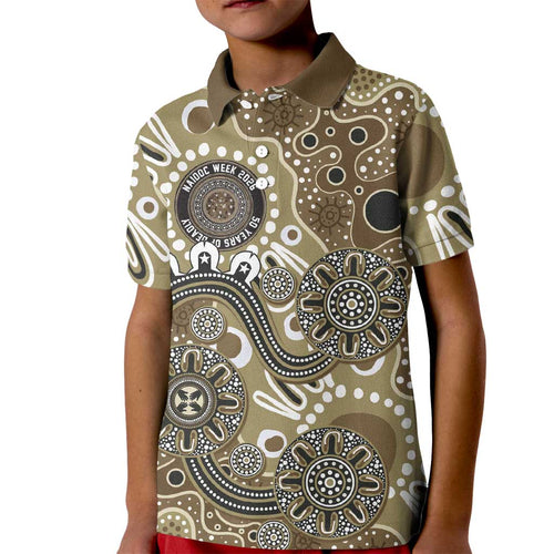 Personalised NAIDOC Week 50 Years Deadly Always Kid Polo Shirt Brown Aboriginal Artwork Dot Painting
