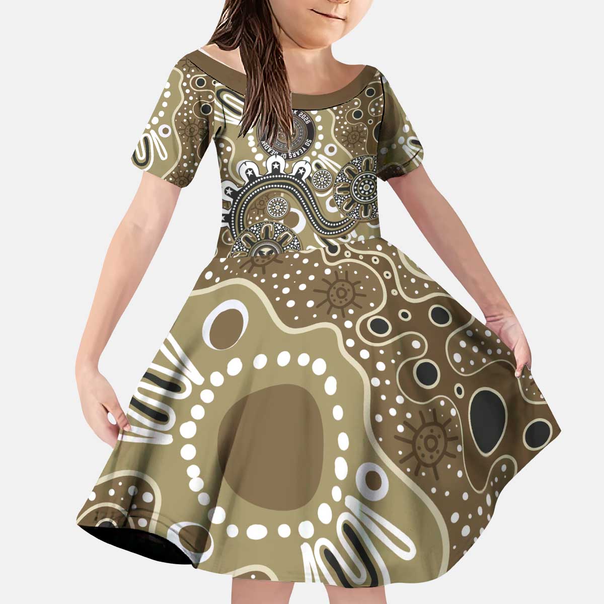 Personalised NAIDOC Week 50 Years Deadly Always Kid Short Sleeve Dress Brown Aboriginal Artwork Dot Painting