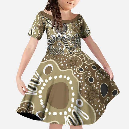 Personalised NAIDOC Week 50 Years Deadly Always Kid Short Sleeve Dress Brown Aboriginal Artwork Dot Painting