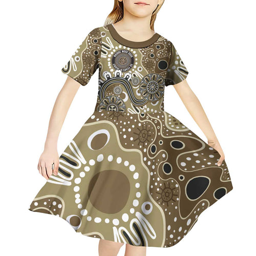 Personalised NAIDOC Week 50 Years Deadly Always Kid Short Sleeve Dress Brown Aboriginal Artwork Dot Painting