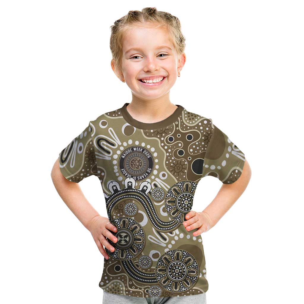 Personalised NAIDOC Week 50 Years Deadly Always Kid T Shirt Brown Aboriginal Artwork Dot Painting