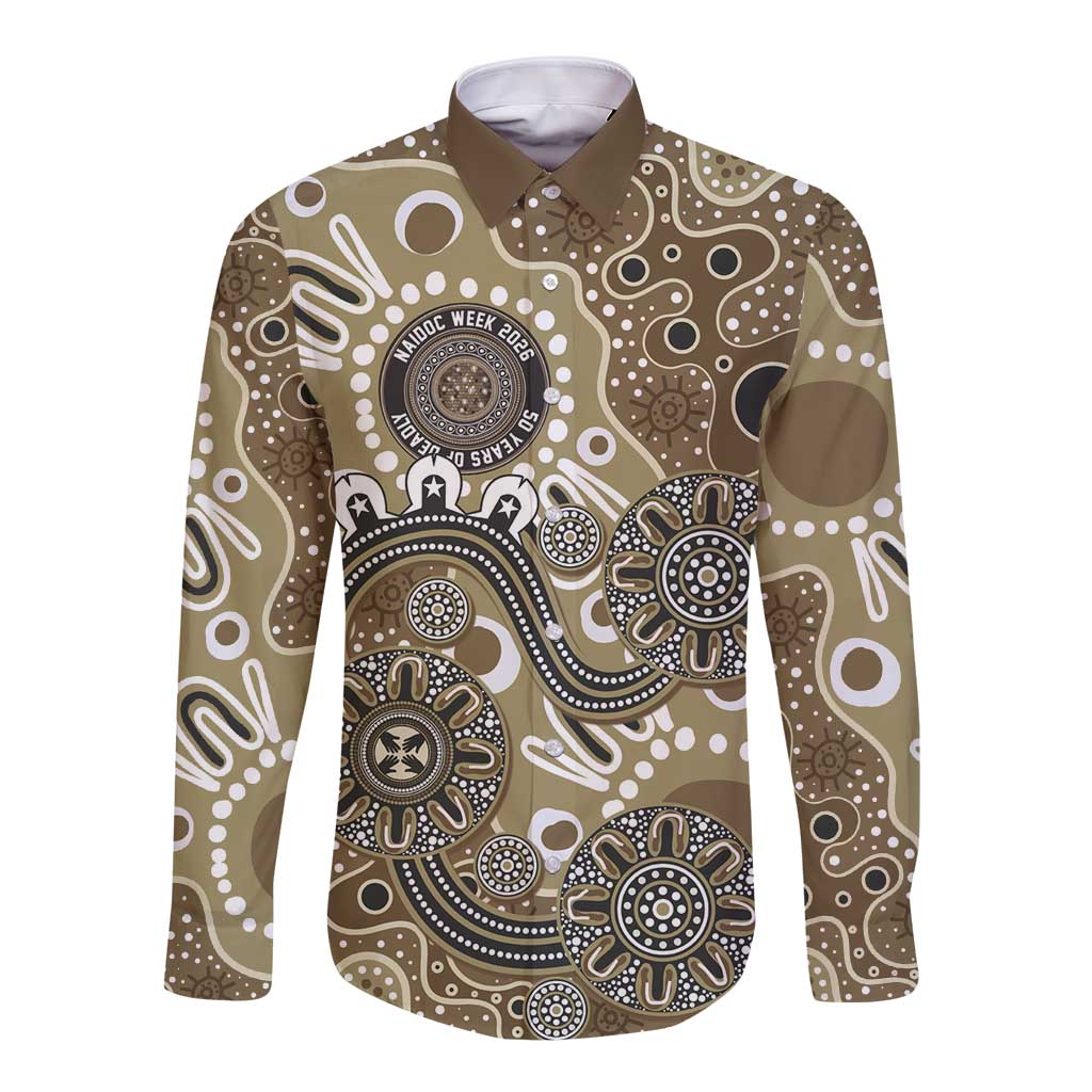 Personalised NAIDOC Week 50 Years Deadly Always Long Sleeve Button Shirt Brown Aboriginal Artwork Dot Painting