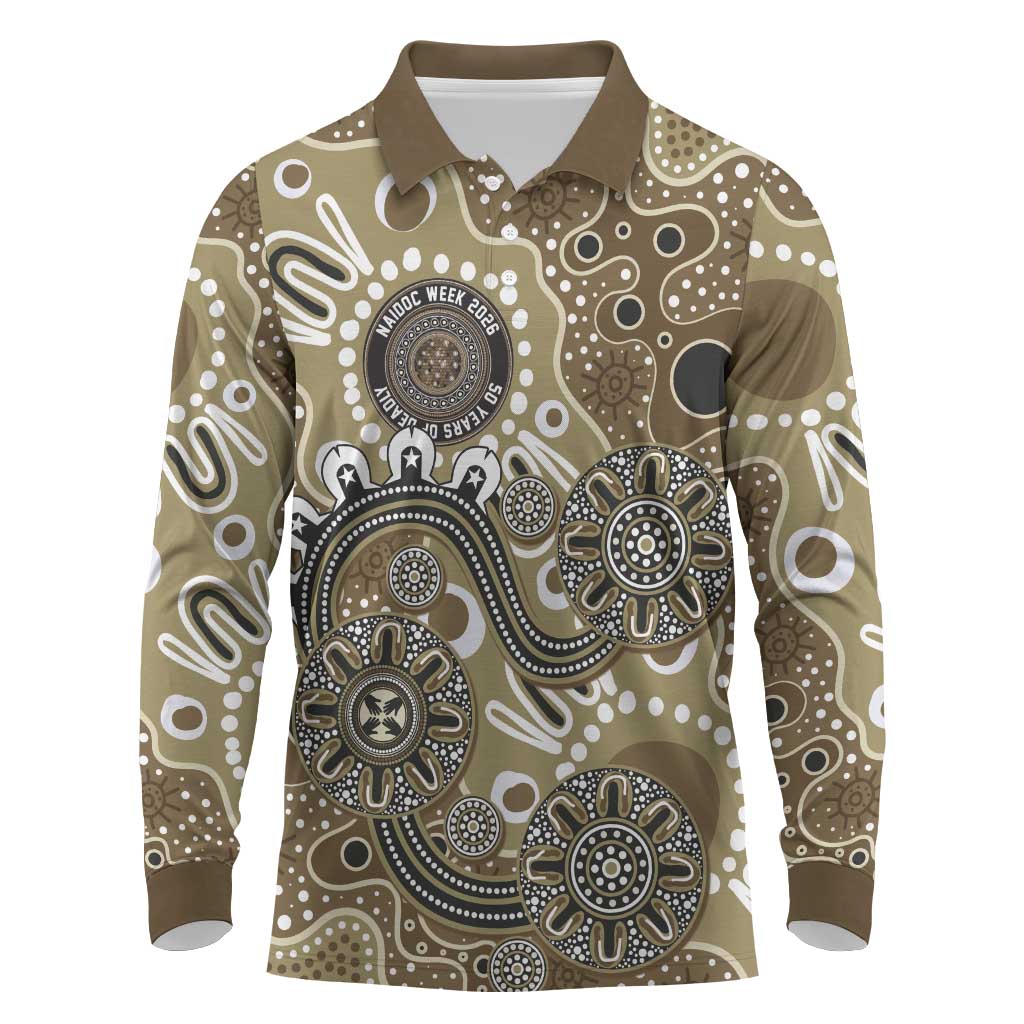 Personalised NAIDOC Week 50 Years Deadly Always Long Sleeve Polo Shirt Brown Aboriginal Artwork Dot Painting