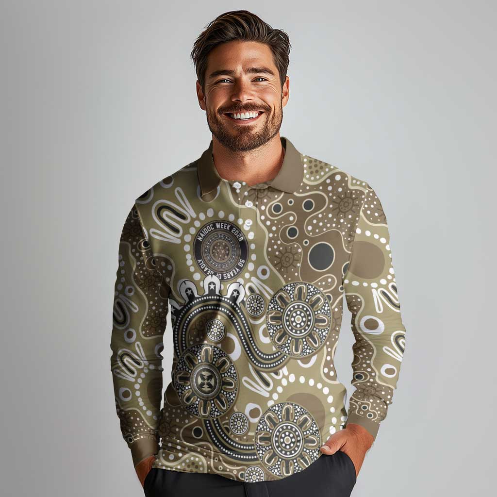 Personalised NAIDOC Week 50 Years Deadly Always Long Sleeve Polo Shirt Brown Aboriginal Artwork Dot Painting