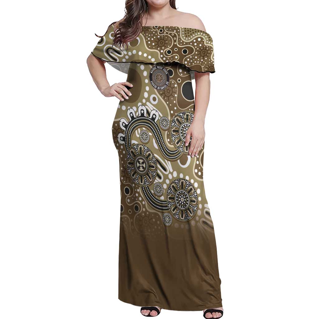 Personalised NAIDOC Week 50 Years Deadly Always Off Shoulder Maxi Dress Brown Aboriginal Artwork Dot Painting