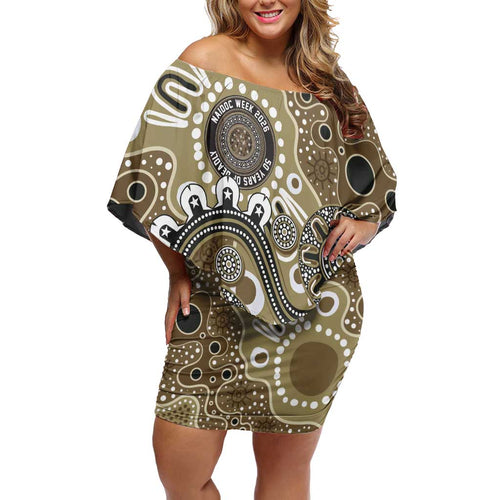 Personalised NAIDOC Week 50 Years Deadly Always Off Shoulder Short Dress Brown Aboriginal Artwork Dot Painting