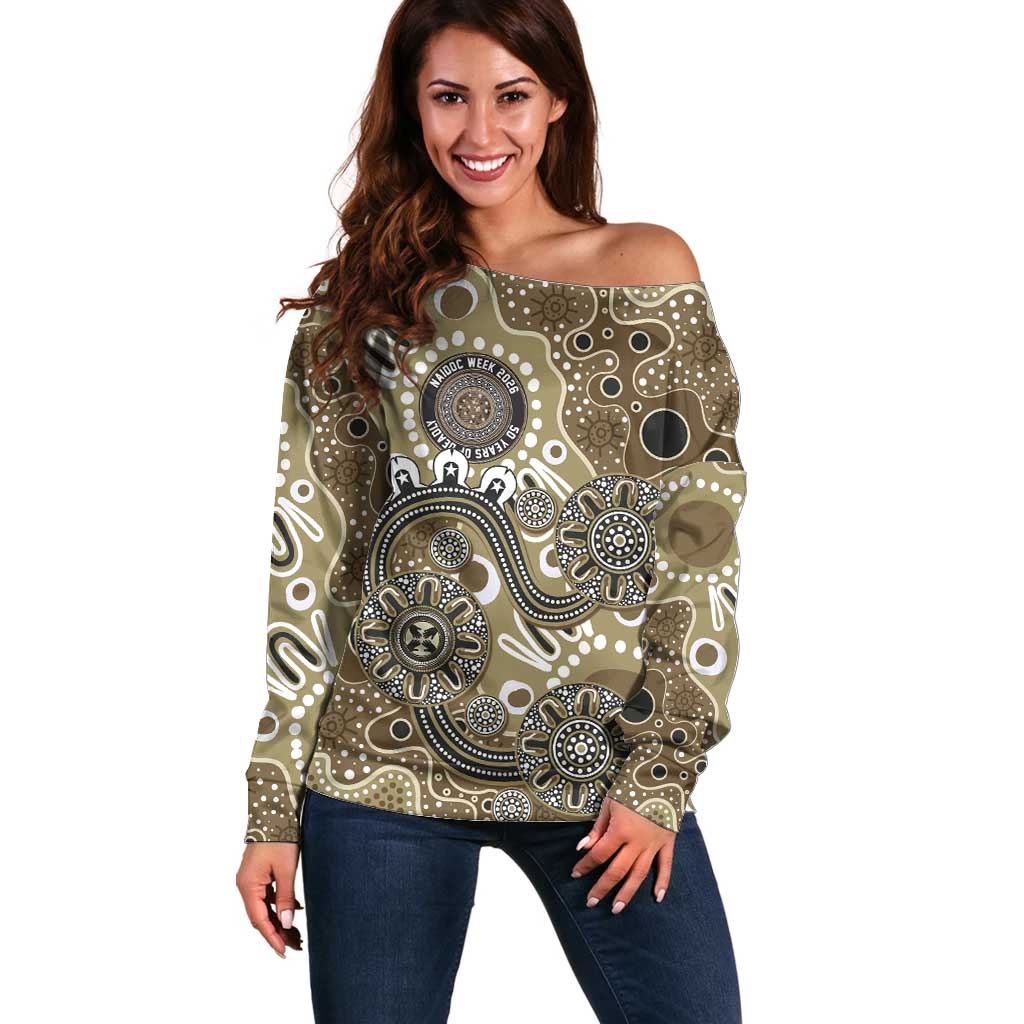 Personalised NAIDOC Week 50 Years Deadly Always Off Shoulder Sweater Brown Aboriginal Artwork Dot Painting