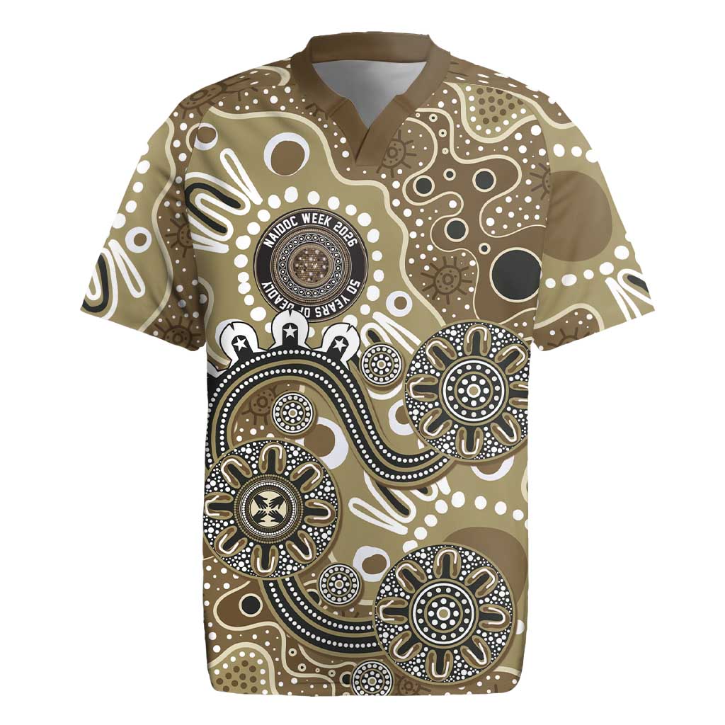 Personalised NAIDOC Week 50 Years Deadly Always Rugby Jersey Brown Aboriginal Artwork Dot Painting