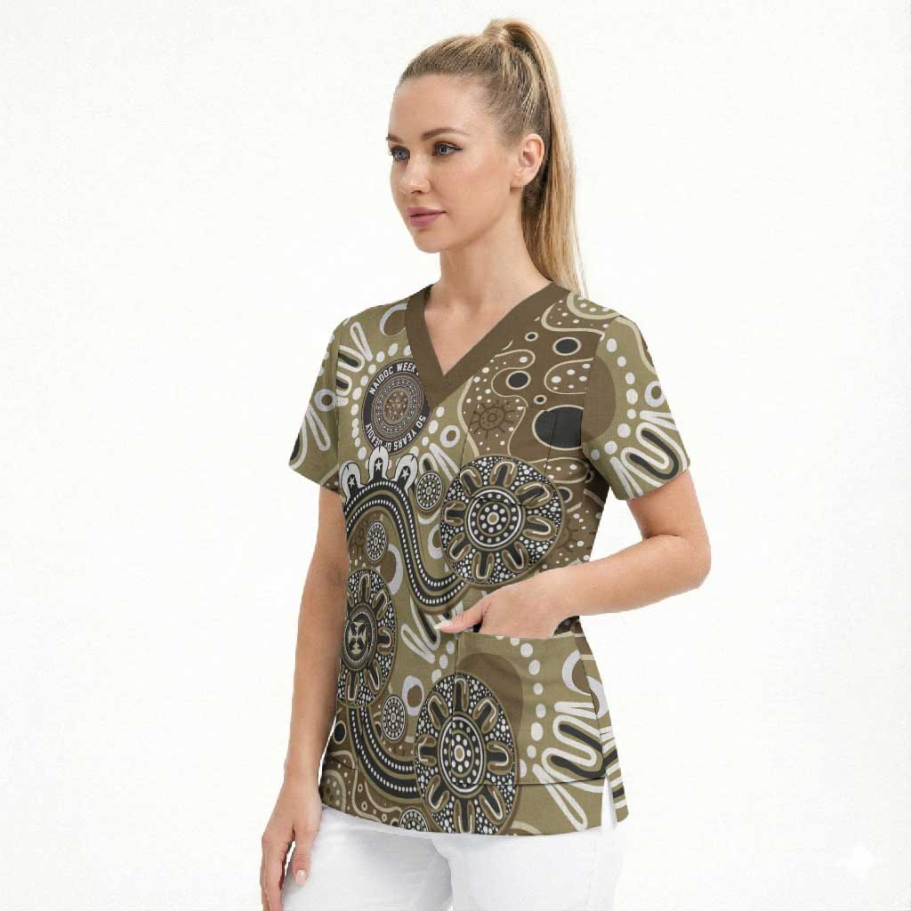 Personalised NAIDOC Week 50 Years Deadly Always Scrub Top Brown Aboriginal Artwork Dot Painting