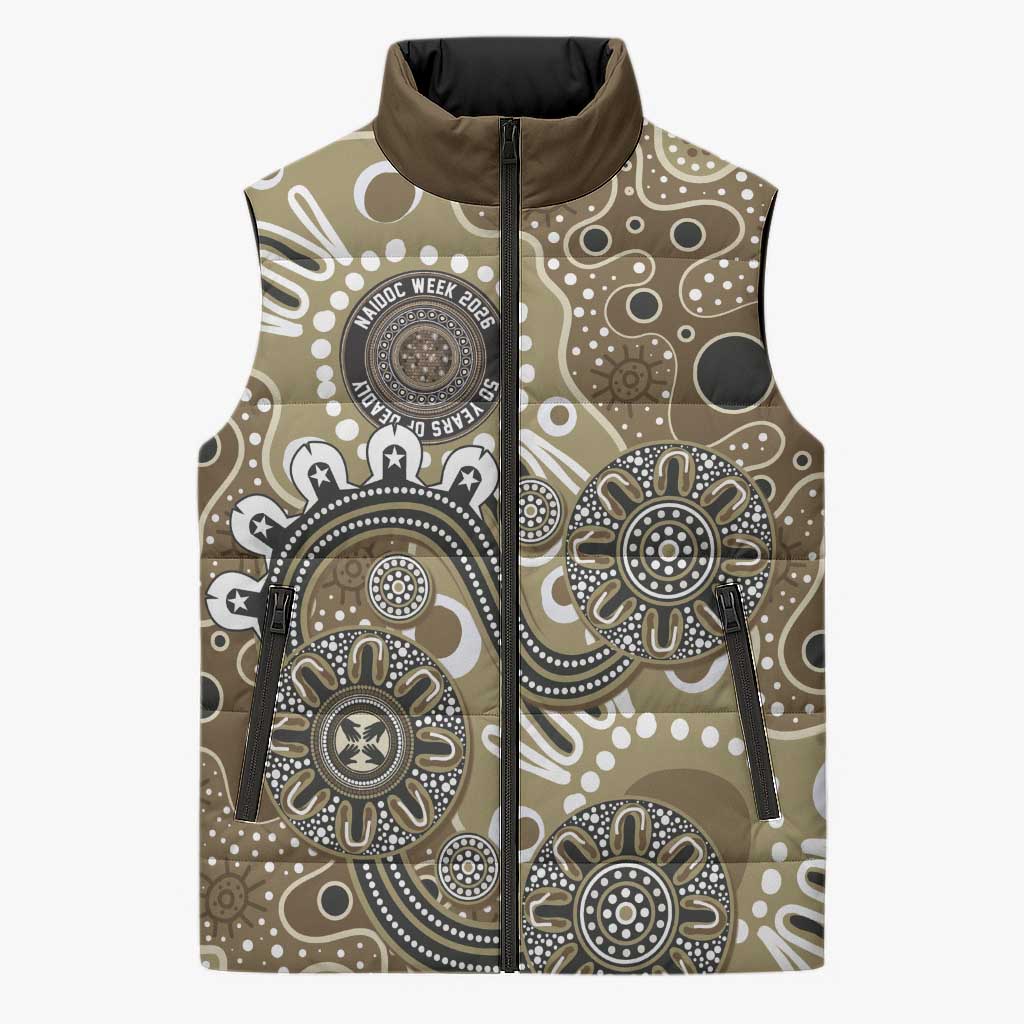 Personalised NAIDOC Week 50 Years Deadly Always Sleeveless Puffer Jacket Brown Aboriginal Artwork Dot Painting