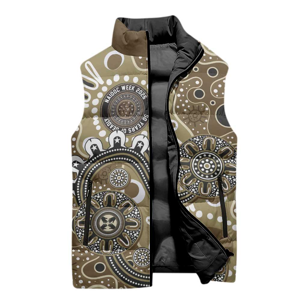 Personalised NAIDOC Week 50 Years Deadly Always Sleeveless Puffer Jacket Brown Aboriginal Artwork Dot Painting