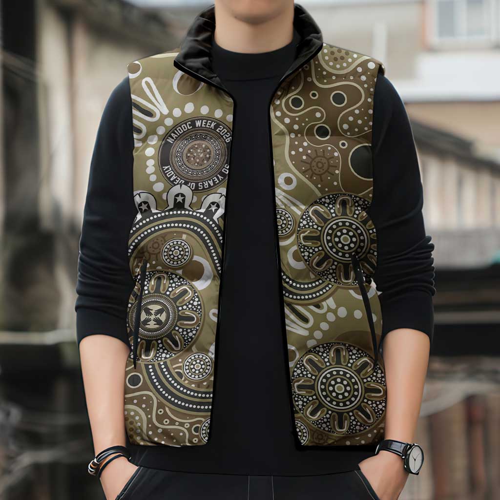Personalised NAIDOC Week 50 Years Deadly Always Sleeveless Puffer Jacket Brown Aboriginal Artwork Dot Painting