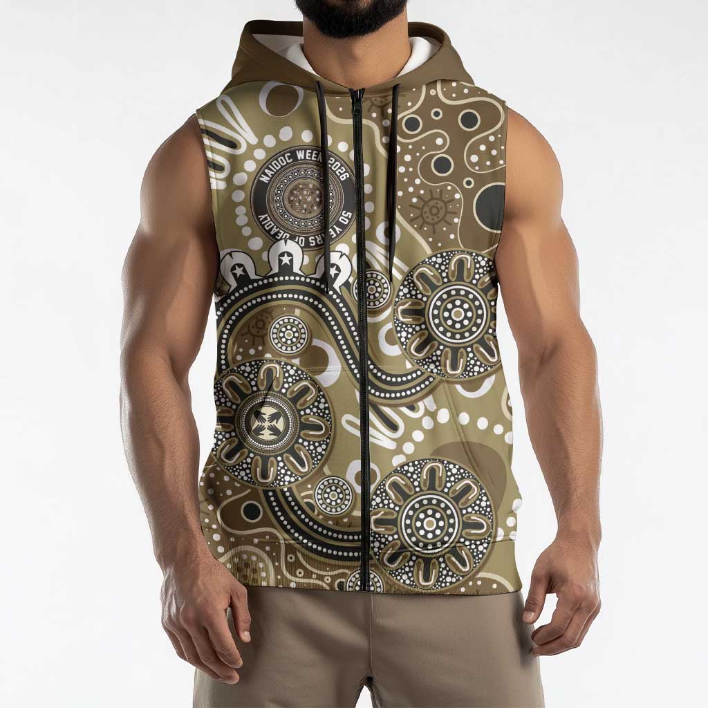 Personalised NAIDOC Week 50 Years Deadly Always Sleeveless Zip Hoodie Brown Aboriginal Artwork Dot Painting
