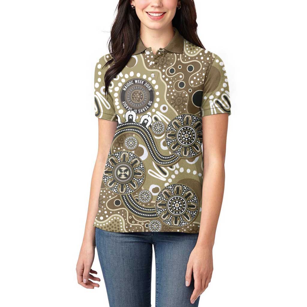 Personalised NAIDOC Week 50 Years Deadly Always Women Polo Shirt Brown Aboriginal Artwork Dot Painting