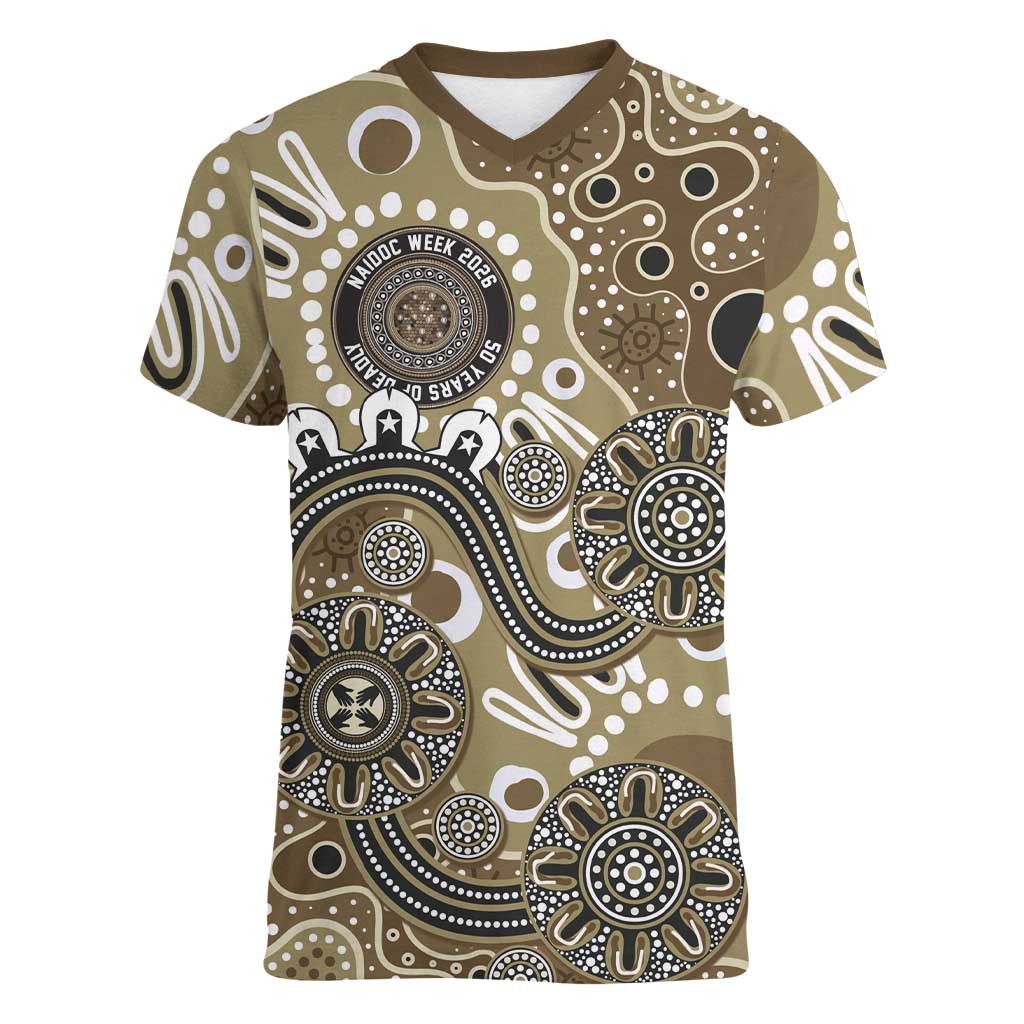 Personalised NAIDOC Week 50 Years Deadly Always Women V-Neck T-Shirt Brown Aboriginal Artwork Dot Painting