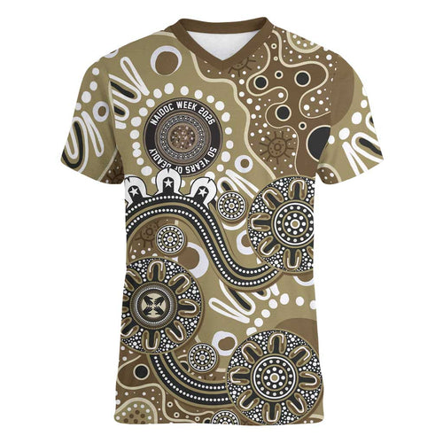 Personalised NAIDOC Week 50 Years Deadly Always Women V-Neck T-Shirt Brown Aboriginal Artwork Dot Painting