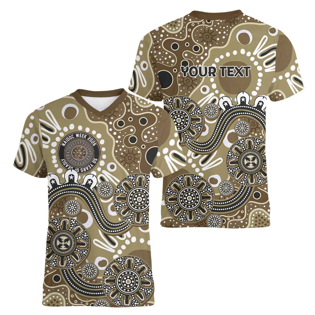 Personalised NAIDOC Week 50 Years Deadly Always Women V-Neck T-Shirt Brown Aboriginal Artwork Dot Painting