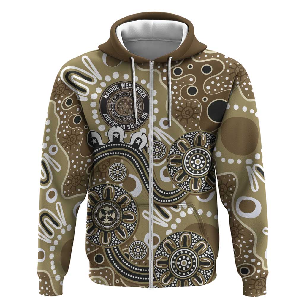 Personalised NAIDOC Week 50 Years Deadly Always Zip Hoodie Brown Aboriginal Artwork Dot Painting