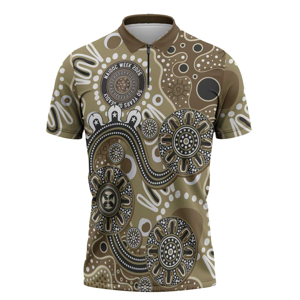 Personalised NAIDOC Week 50 Years Deadly Always Zipper Polo Shirt Brown Aboriginal Artwork Dot Painting
