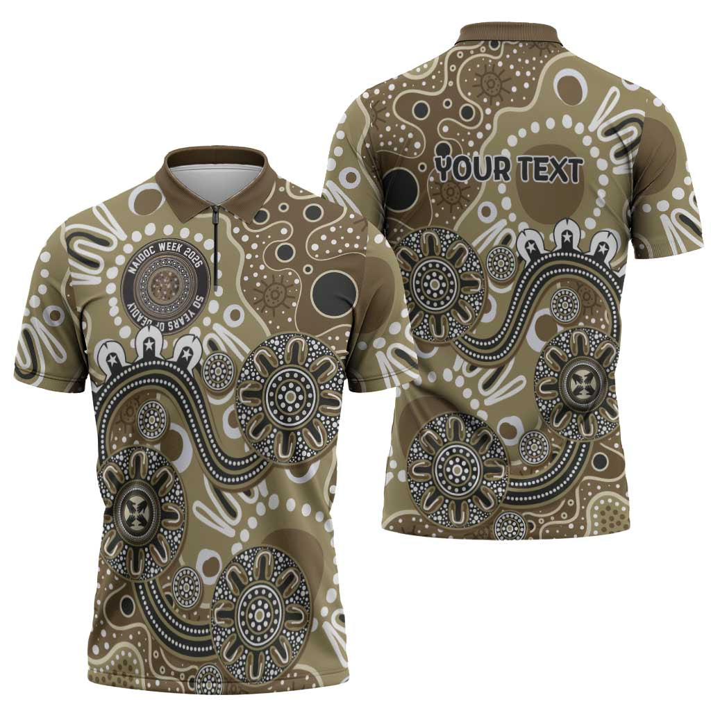 Personalised NAIDOC Week 50 Years Deadly Always Zipper Polo Shirt Brown Aboriginal Artwork Dot Painting