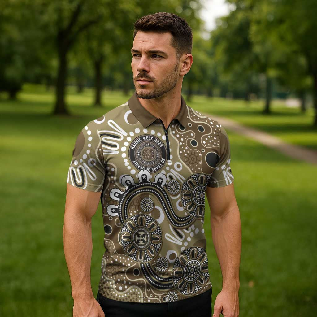 Personalised NAIDOC Week 50 Years Deadly Always Zipper Polo Shirt Brown Aboriginal Artwork Dot Painting