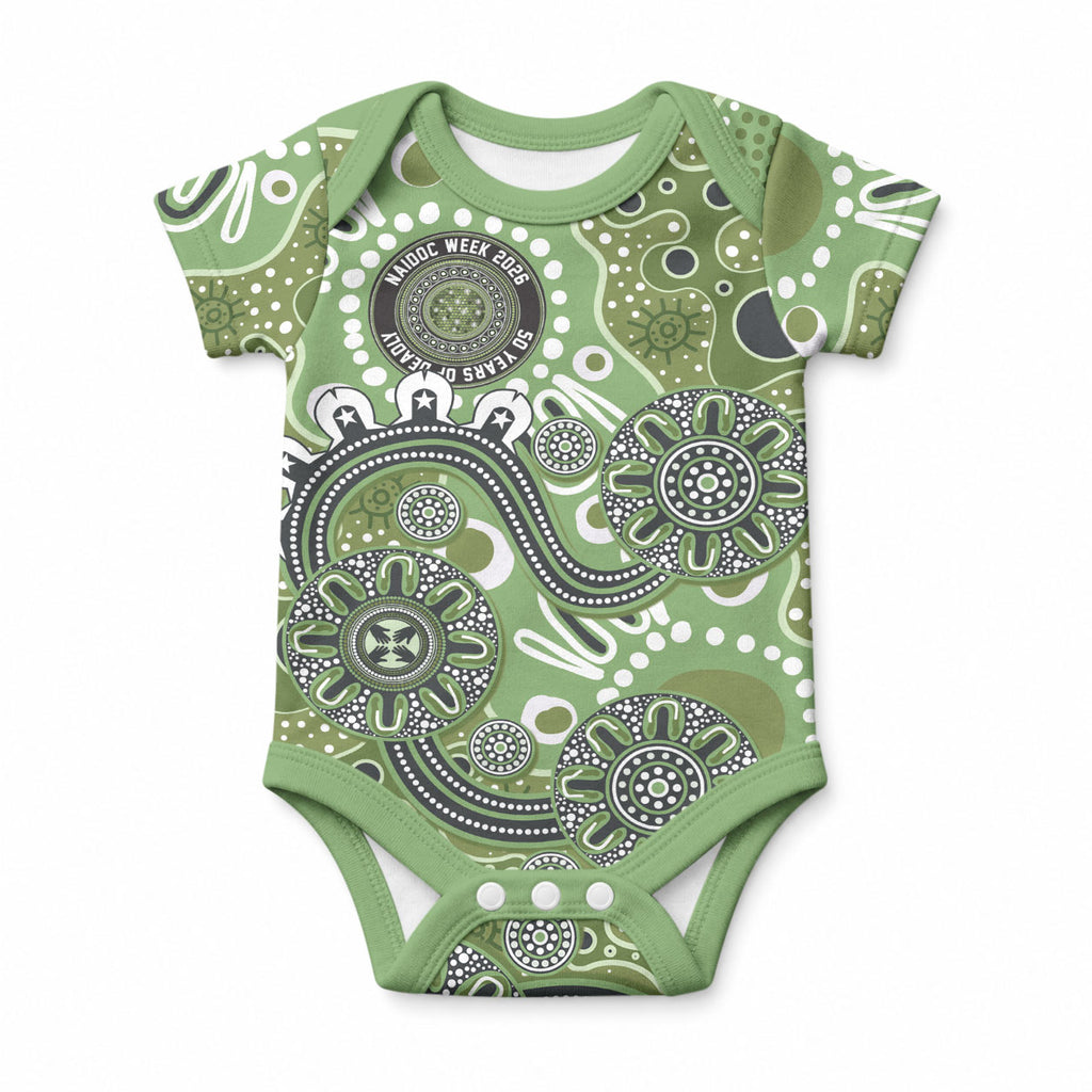 Personalised NAIDOC Week 50 Years Deadly Always Baby Onesie Green Aboriginal Artwork Dot Painting