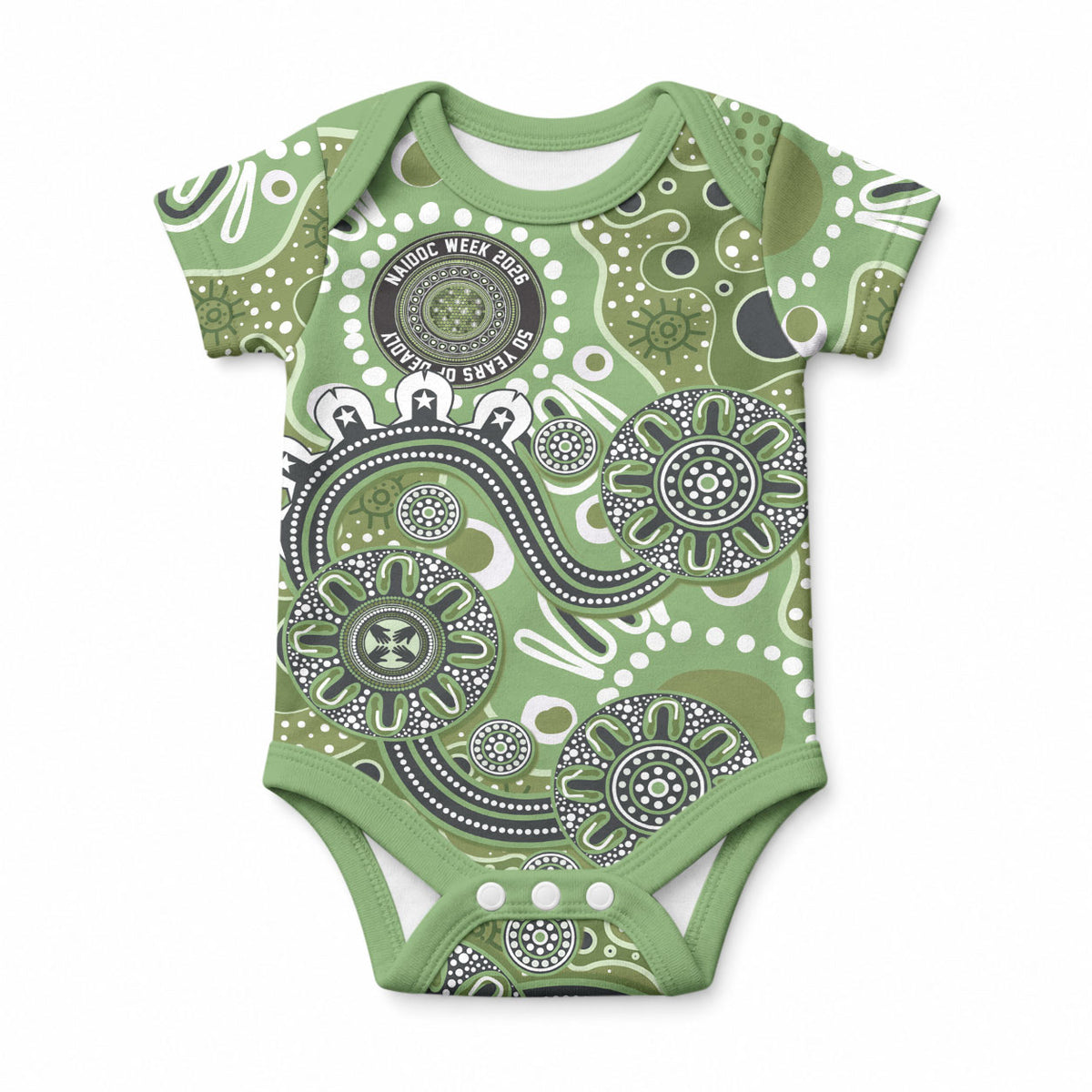 Personalised NAIDOC Week 50 Years Deadly Always Baby Onesie Green Aboriginal Artwork Dot Painting