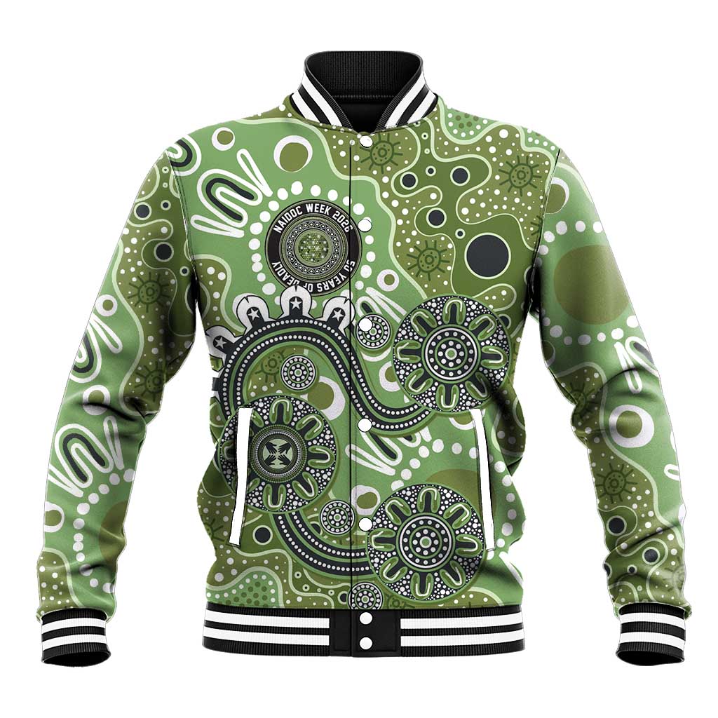 Personalised NAIDOC Week 50 Years Deadly Always Baseball Jacket Green Aboriginal Artwork Dot Painting