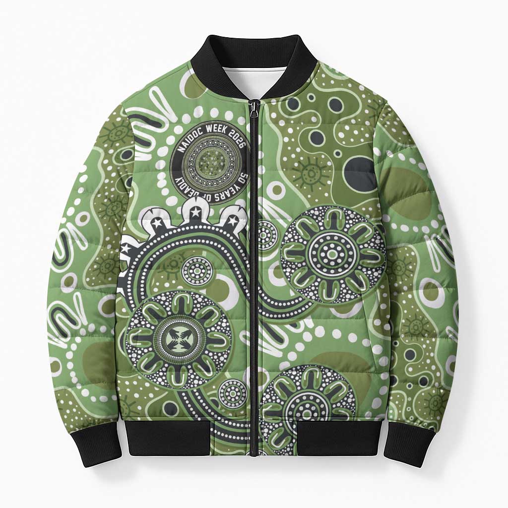 Personalised NAIDOC Week 50 Years Deadly Always Bomber Puffer Jacket Green Aboriginal Artwork Dot Painting