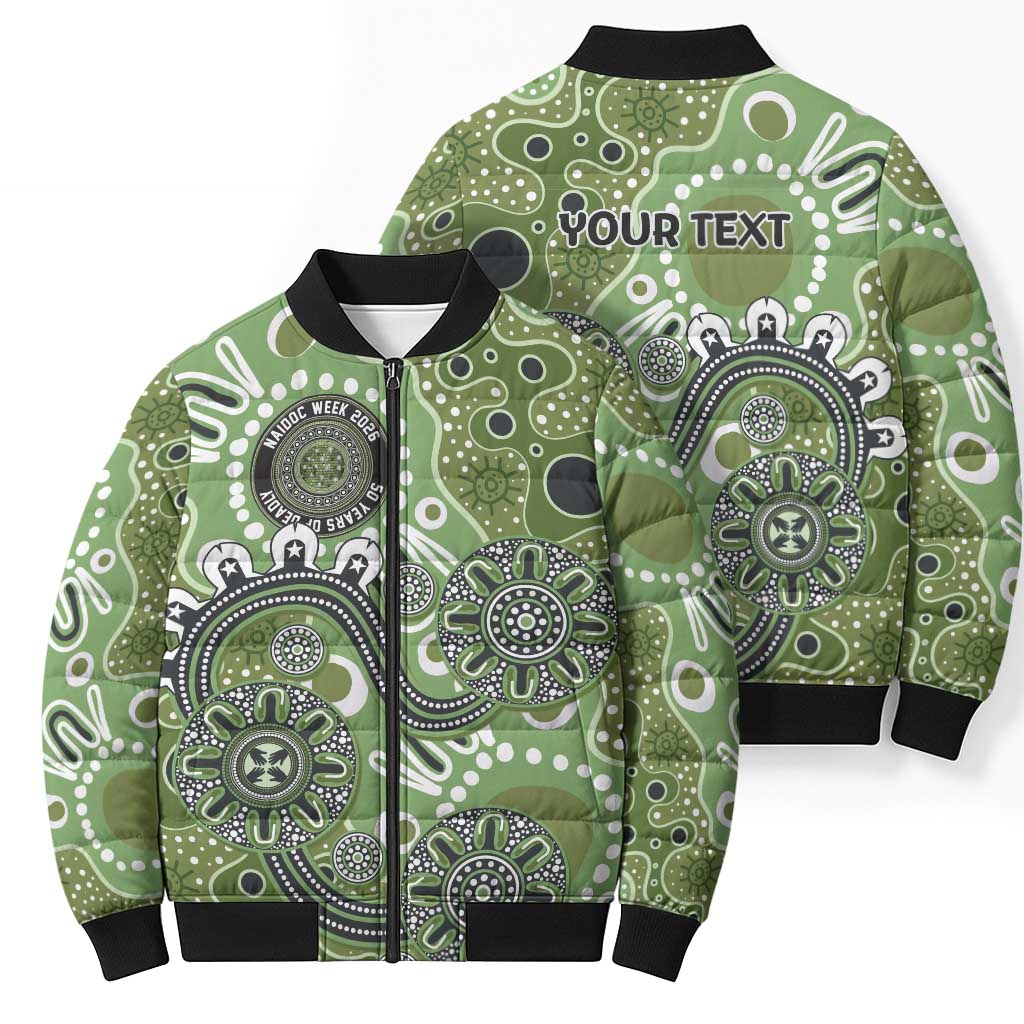 Personalised NAIDOC Week 50 Years Deadly Always Bomber Puffer Jacket Green Aboriginal Artwork Dot Painting