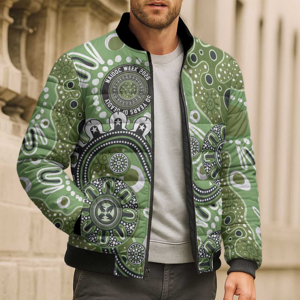 Personalised NAIDOC Week 50 Years Deadly Always Bomber Puffer Jacket Green Aboriginal Artwork Dot Painting