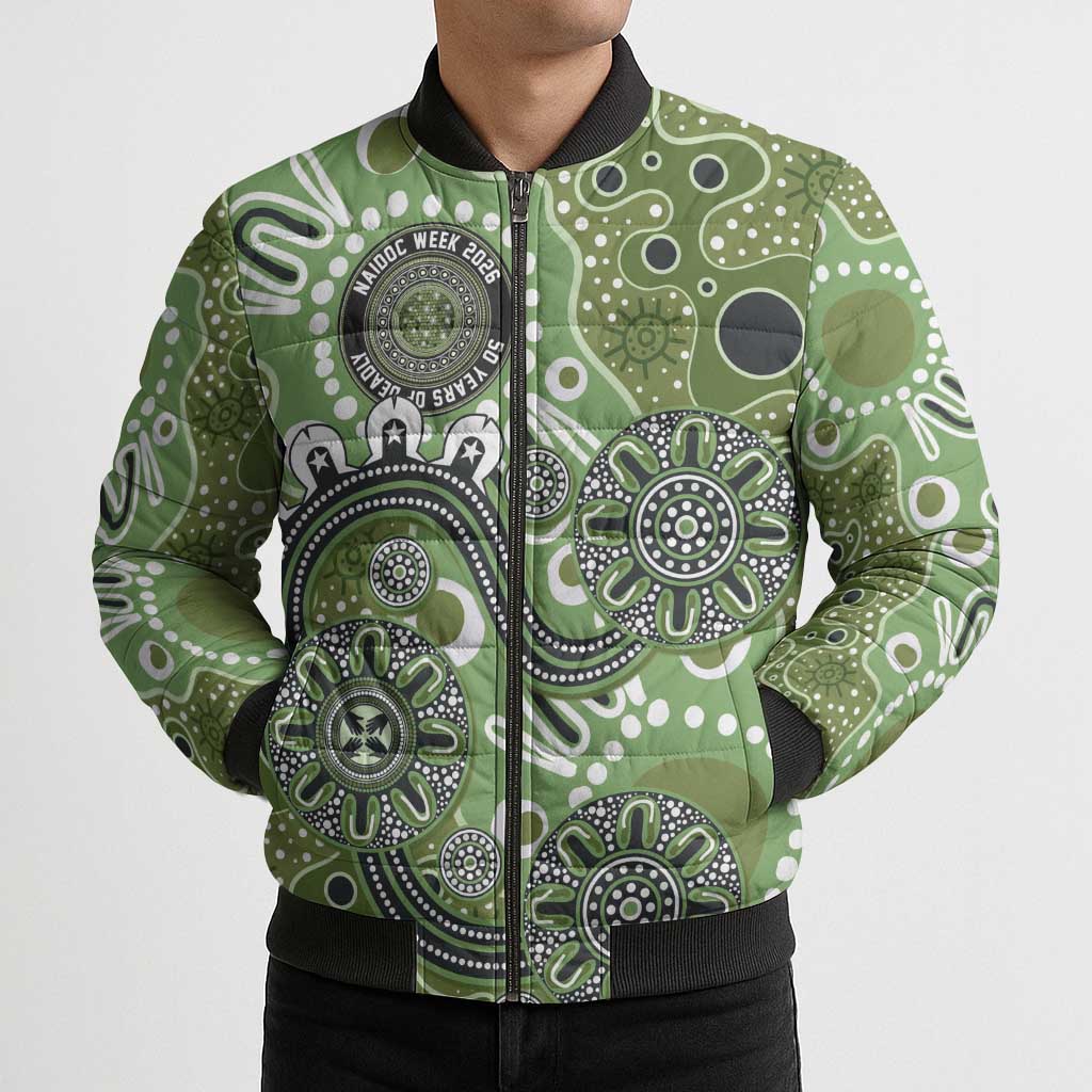 Personalised NAIDOC Week 50 Years Deadly Always Bomber Puffer Jacket Green Aboriginal Artwork Dot Painting