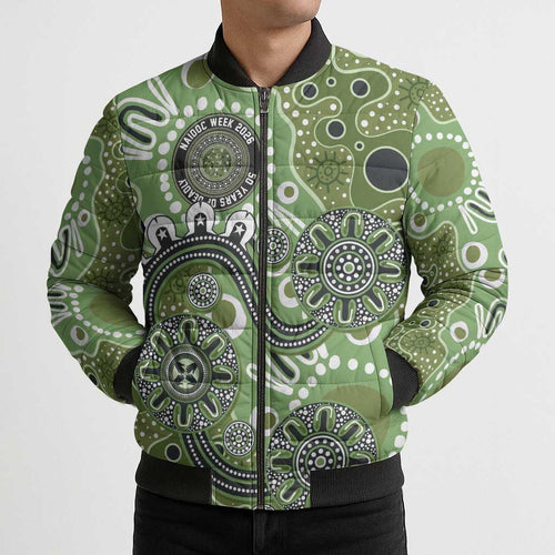 Personalised NAIDOC Week 50 Years Deadly Always Bomber Puffer Jacket Green Aboriginal Artwork Dot Painting