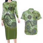 Personalised NAIDOC Week 50 Years Deadly Always Couples Matching Long Sleeve Bodycon Dress and Hawaiian Shirt Green Aboriginal Artwork Dot Painting