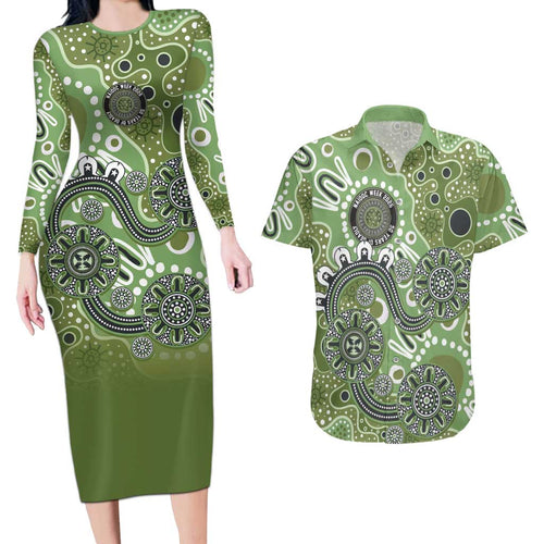 Personalised NAIDOC Week 50 Years Deadly Always Couples Matching Long Sleeve Bodycon Dress and Hawaiian Shirt Green Aboriginal Artwork Dot Painting