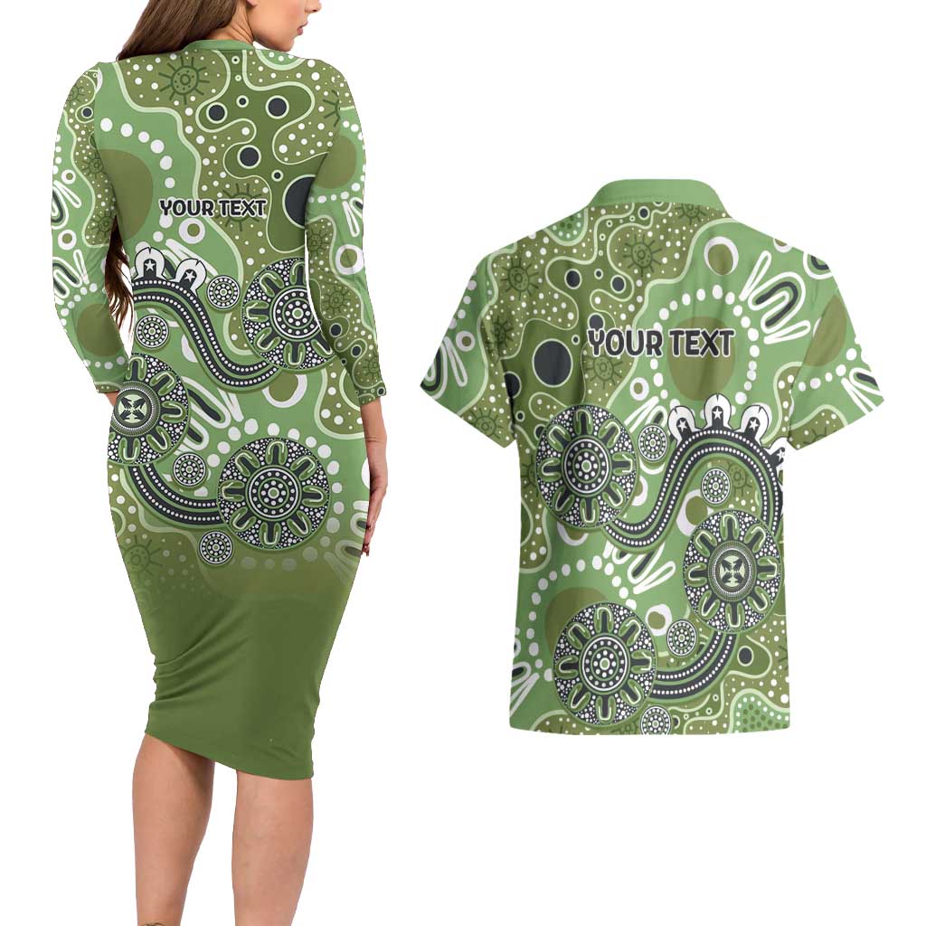 Personalised NAIDOC Week 50 Years Deadly Always Couples Matching Long Sleeve Bodycon Dress and Hawaiian Shirt Green Aboriginal Artwork Dot Painting